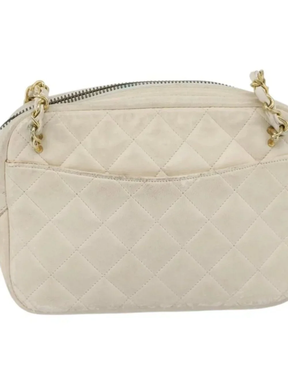 CHANEL Matelasse Chain Shoulder Bag Lamb Skin White Gold CC Auth bs28144